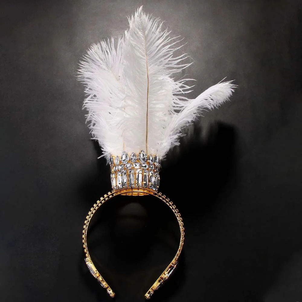 Stonefans Carnival White Queen Feather Crown Headband Prom Accessories Nightclub Geometric Baroque Crystal Crown Tiara for Women