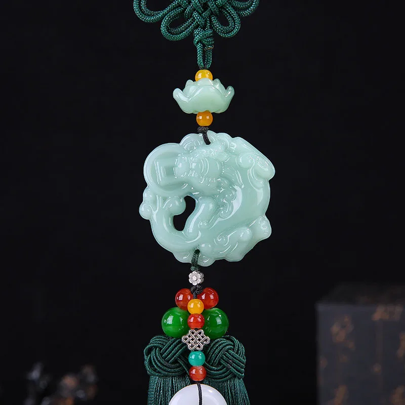 

Green Crystal Car Hanging Decoration Safety Buckle Car Pendant Chinese Tassel Rearview Mirror Ornaments Car Interior Accessories