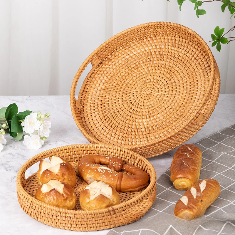 

Handmade Woven Rattan and Grass Woven Fruit Trays Fruit Baskets Tea Trays Circular Storage Baskets