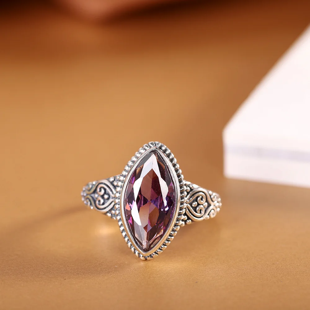 

Exotic Horse Eye Purple Zircons Rings for Women Thai Silver Nepal Finger Ring Facet Cutting Unusual Sparkly Crystals Jewelry
