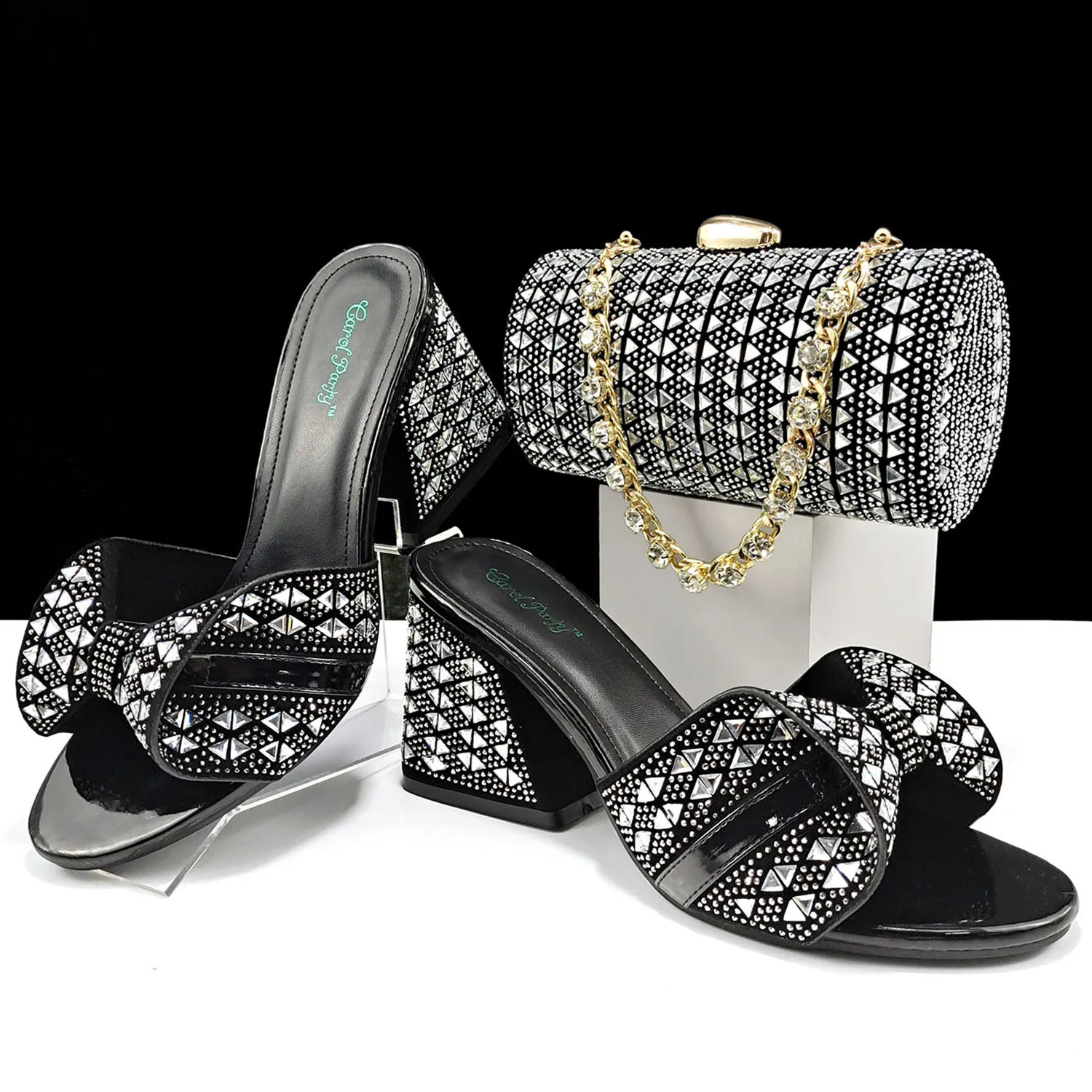 

New Arrival Silver Color Full of Rhinestone Decoration Design Women Shoes and Cylindrical Bag Set for Party Wedding