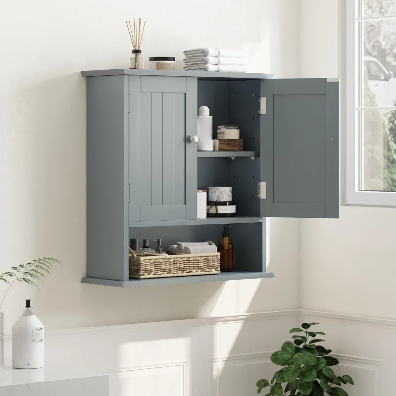 

Grey Bathroom Cabinet Wall Mounted, Small Bathroom Medicine Cabinet with 2 Door Adjustable Shelves