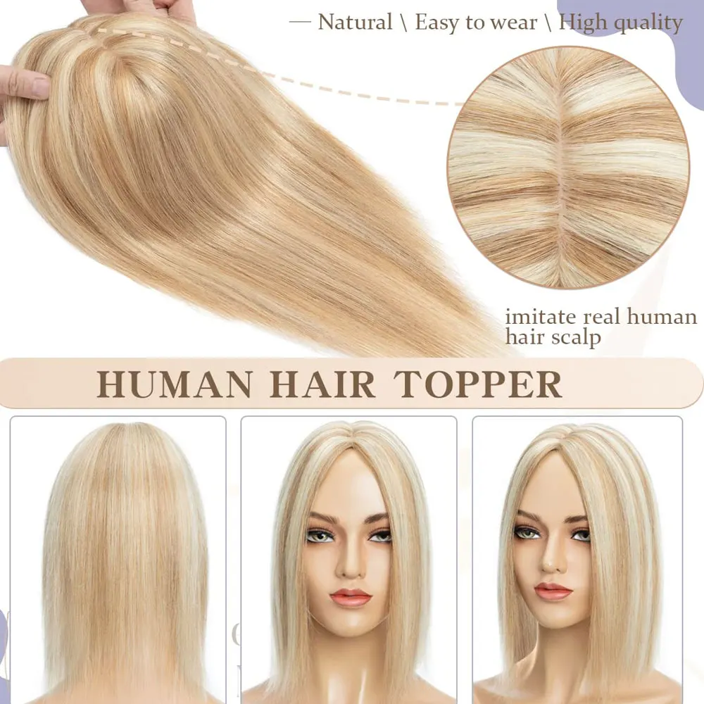 Hair Toppers For Women Real Human Hair Pieces Silk Base Toppers Clip in Hair Extensions 12Inch Middle Parting For Slight Hair