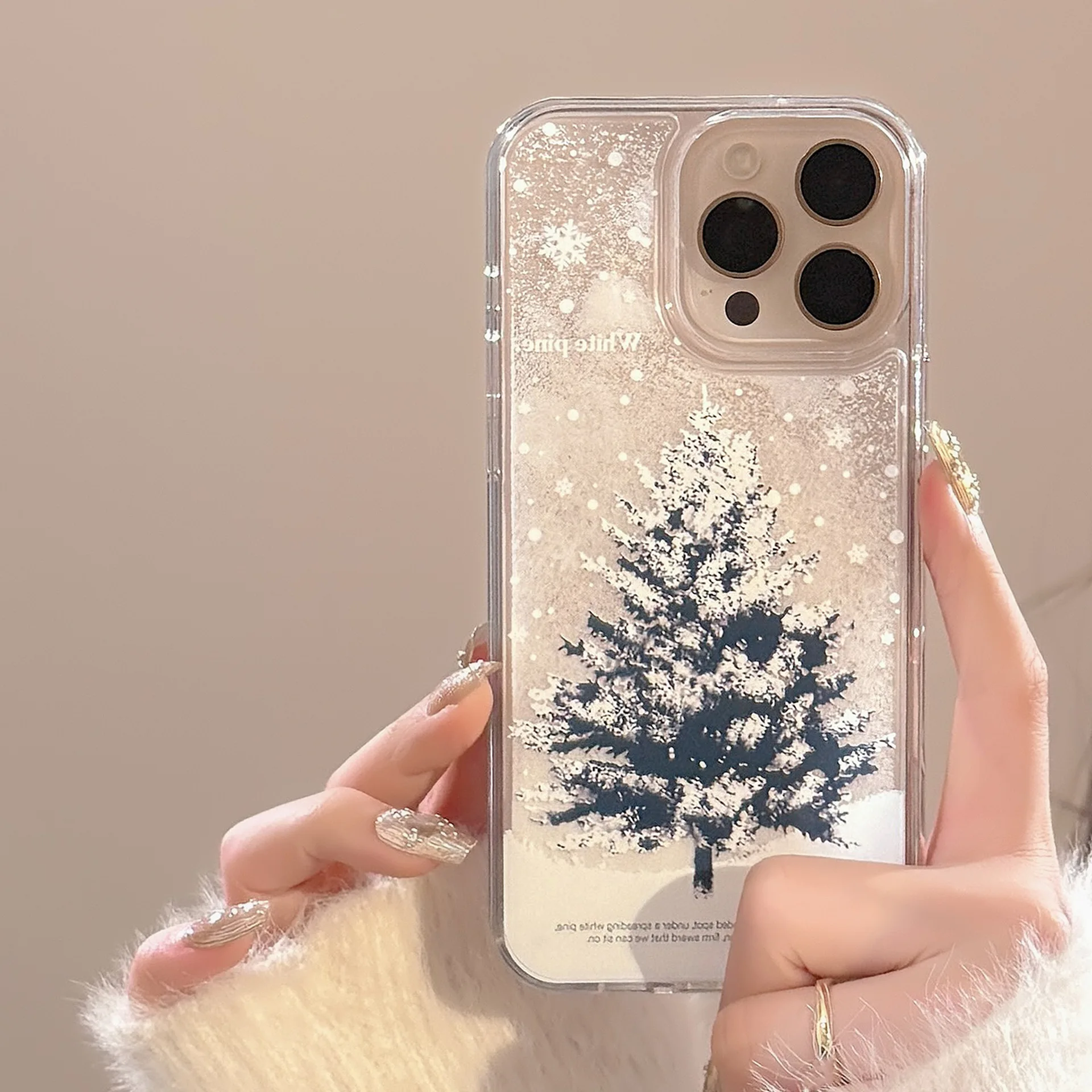 Capa de telefone de árvore de natal de floco de neve de inverno para 16 15pro max 14 13pro capa de telefone semi-transparente com flocos de neve fluindo