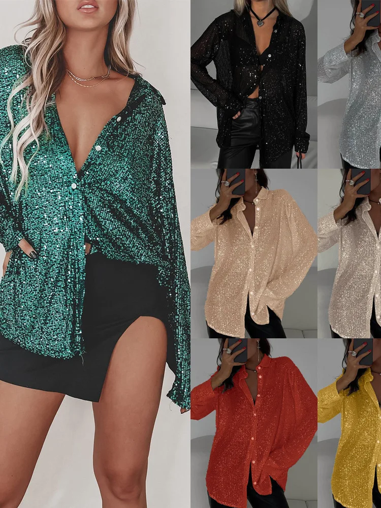 

Женский длинный свек из бисера, повседневный однотонный топ с лацканами и жемчужными бусинами, топ из полиэстера, ширина оulder, свободный рукав