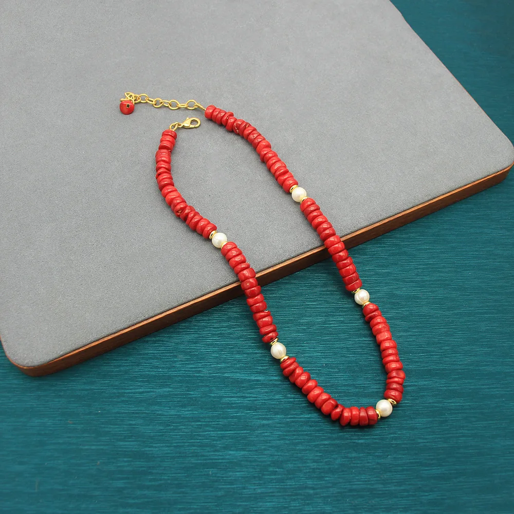 Autumn Winter New Red Sea Bamboo Coconut Shell Wooden Bead Necklace Handmade Niche Design Sweater Chain Pearl