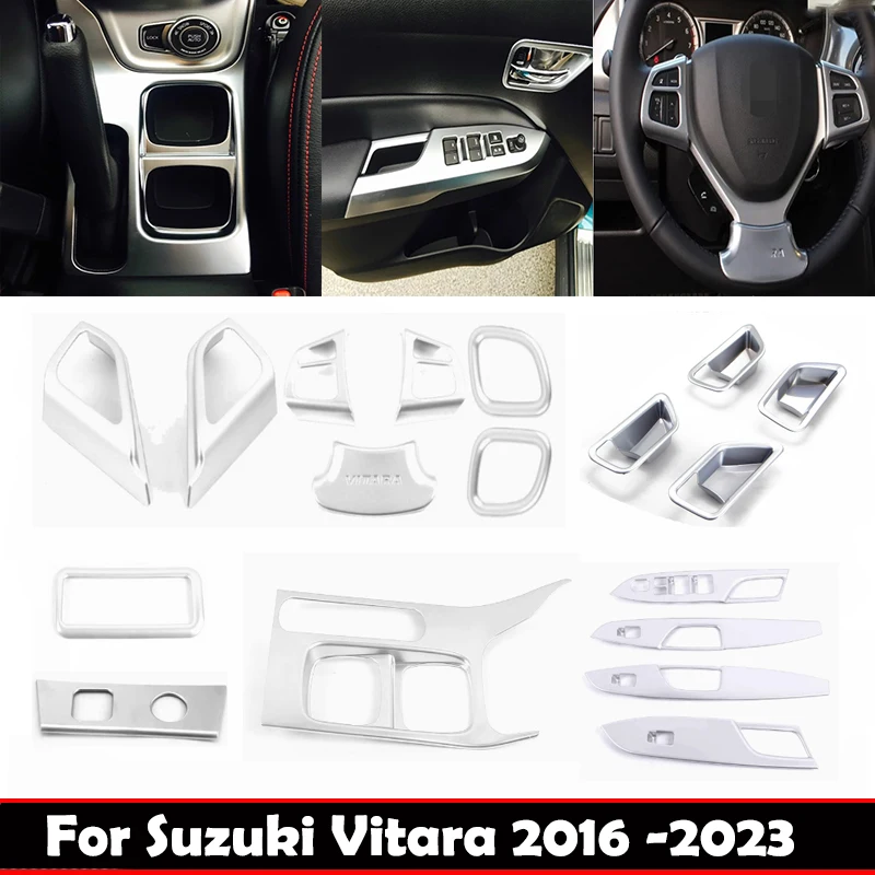 

ABS хром для Suzuki Vitara 2015-2023 дверная чаша, оконная подъемная панель, передний держатель стакана для воды, крышка рулевого колеса переменного тока