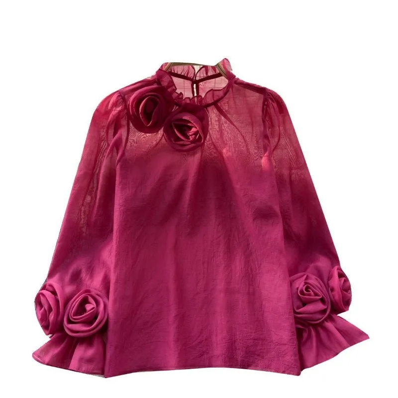 Long Sleeve Shirt Blouse Design 3D Roses Bubble Sleeves Floral Solid Womenswear Office Lady Red Chic Slim