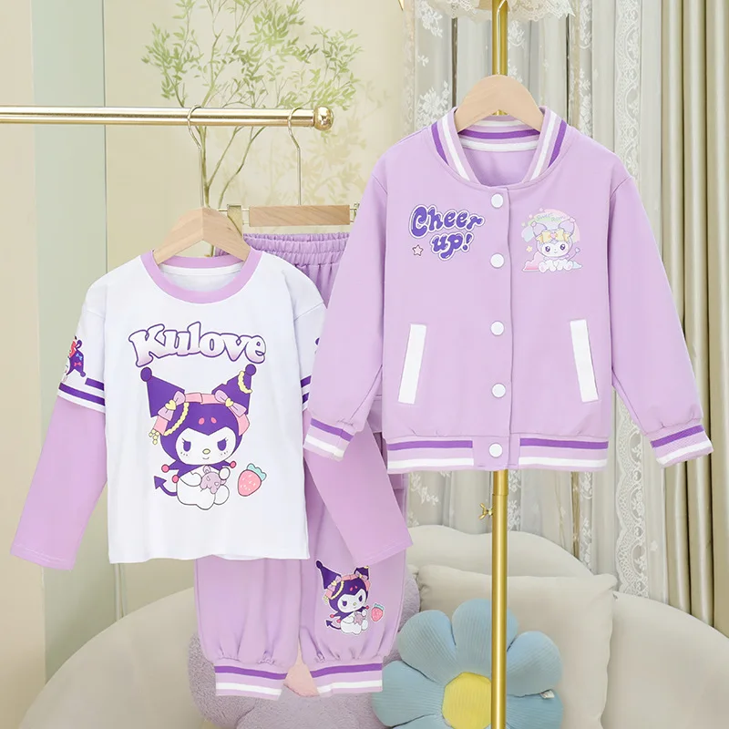 

Sanrio Y2K Girl Casual Coat Suit Cinnamoroll Kawaii Anime Student Autumn Jacket T-Shirt Long Pants 3-Piece Set Children Clothing