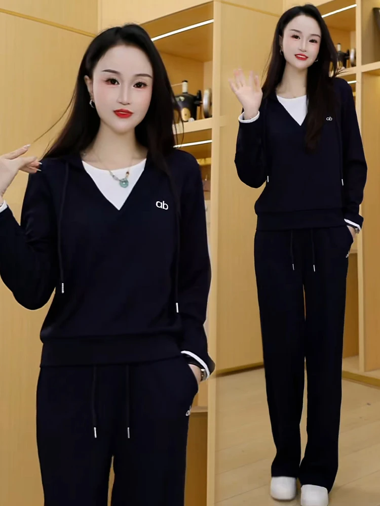 Einzigartige Faionable Casual Patchwork frauen Set Herbst Neue Breite Bein Hosen Zwei-Stück Anzug Atmungsaktive Mittelschweren Keine