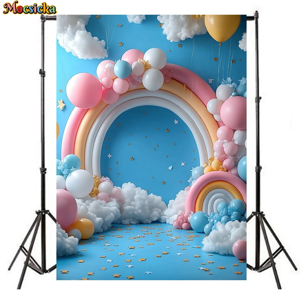 Mocsicka Rainbow Photography Backdrop Baby Shower Birthday Party Photo Background Balloon Cloud Pattern Decor Shooting Photocall