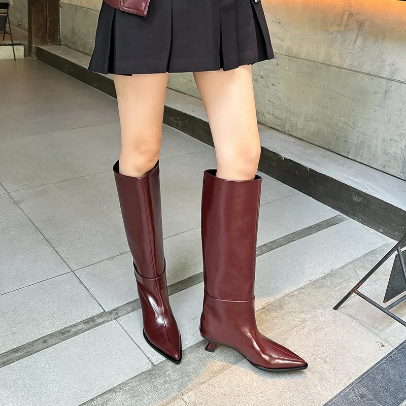 JOZHAMTA Size 34-40 Knee High Boots For Women Real Leather Kitten Heels Winter Shoes Wide Calf Sexy Pointy Toe Long Tall Boots