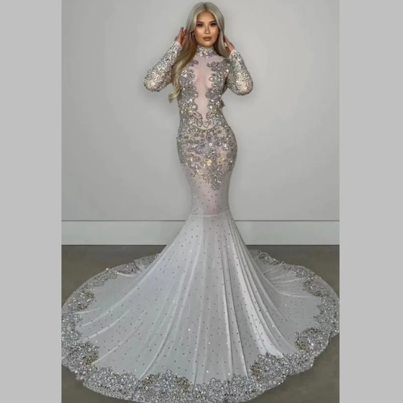 

High Quality Real Images Evening Dress Sexy Illusion Crystals Rhinestones Mermaid Prom Dresses Peacock Luxury Party Gown