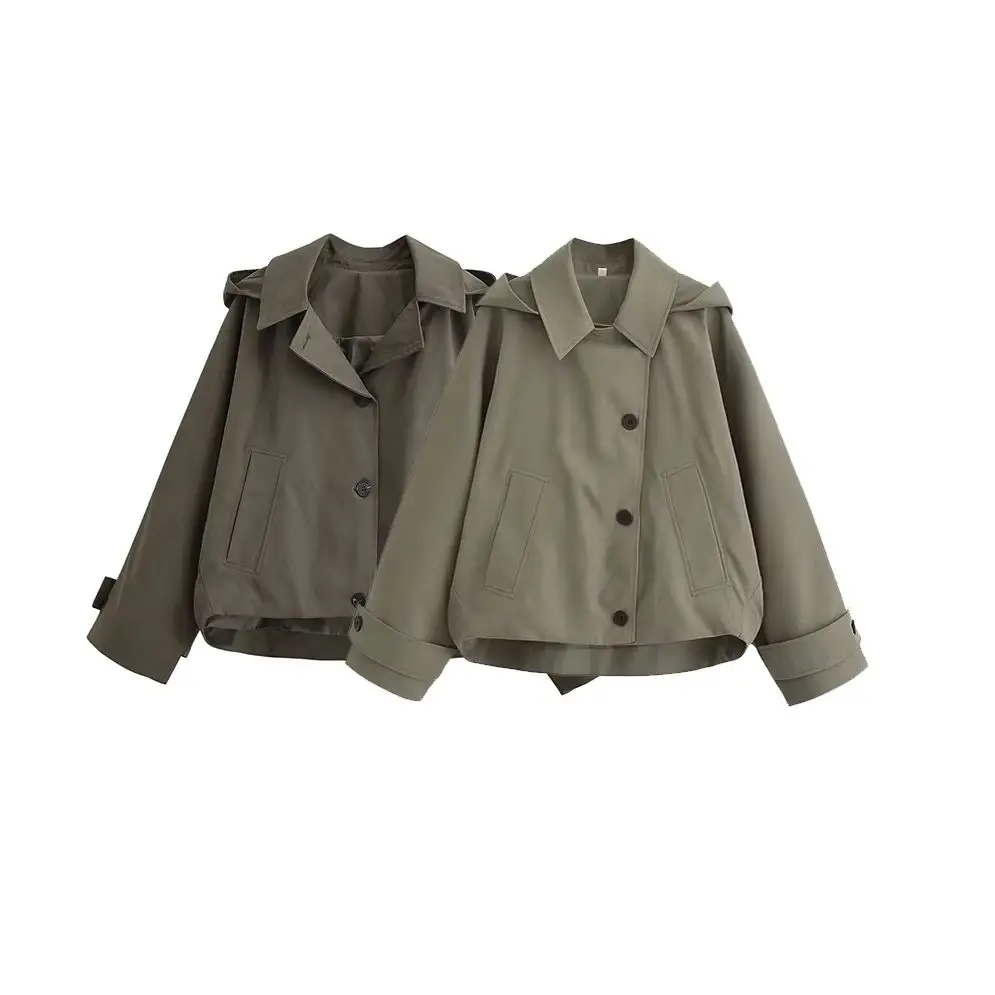 

KONDALA Chic 2024, осеннее женское однотонное ветрозащитное свободное однобортное пальто в стиле плаща, модное повседневное ветровое пальто с капюшоном и карманами