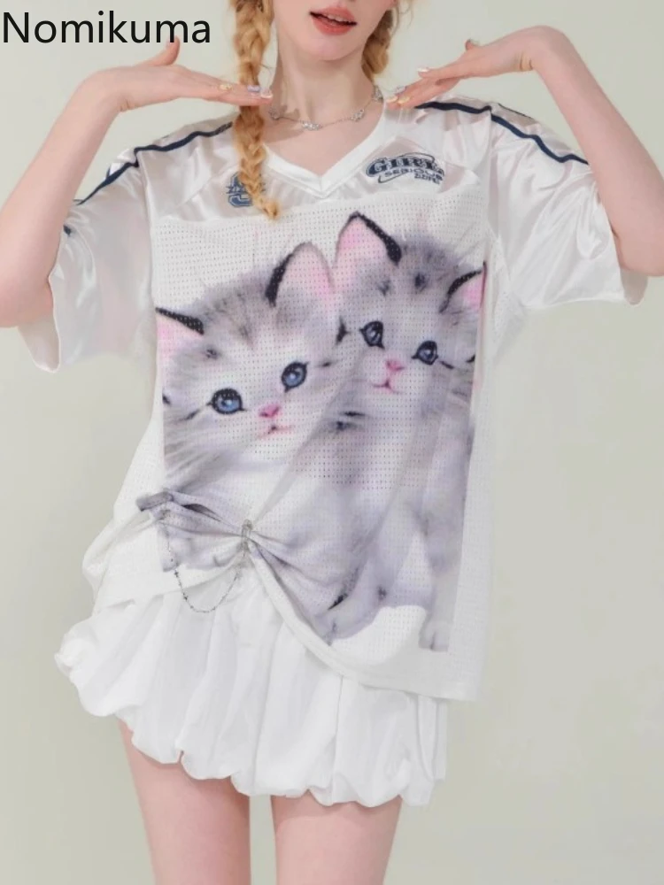 

Cat Print Summer Tshirts Women's Clothing Oversized Tops V-neck Short Sleeve Camisetas Korean Tees Casual Chic Thin Y2k T-shirts