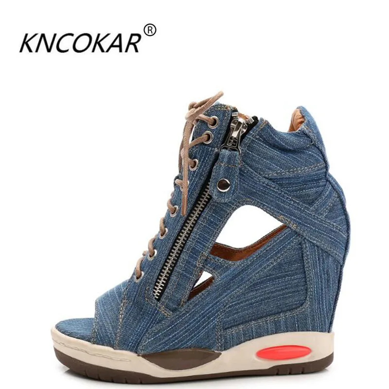 HOT！ new denim is bottom thick waterproof with wedge open-toed sandals in raising fish mouth shoes sexy fashion high heels