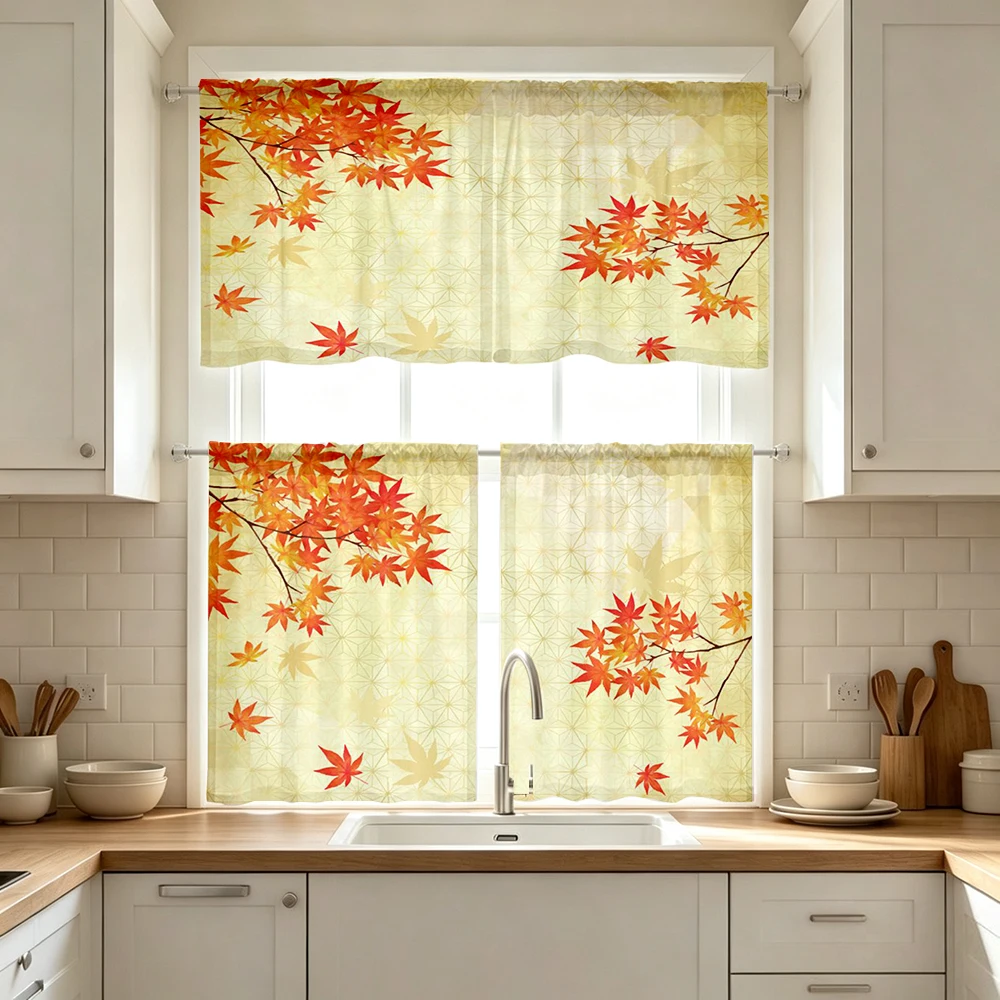 Boho Kitchen Curtains, Geometric Maple Leaf Pattern, Digital Print, Kitchen Dining Room, Rod Pocket Polyester, Home Decor