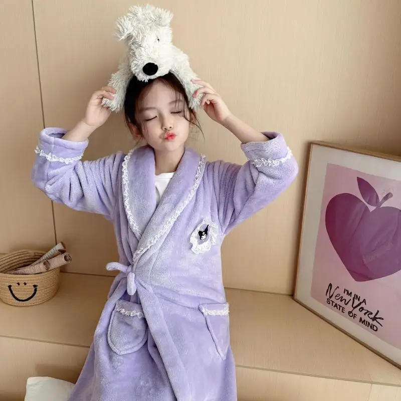 Anime Sanrios Hellokittys Cinnamoroll Kuromi Kawaii Girls Home Wear Nightgown Warm Thickened Flannel Cartoon Hooded Kid Bathrobe