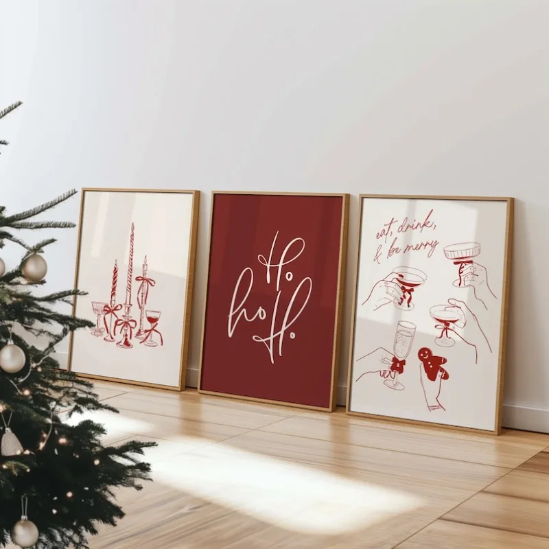 

3pcs Christmas Poster Set: Christmas Kitchen Decorative Painting, Classic Wine Glass "Eat, Drink Play" Themed Poster - Frameless