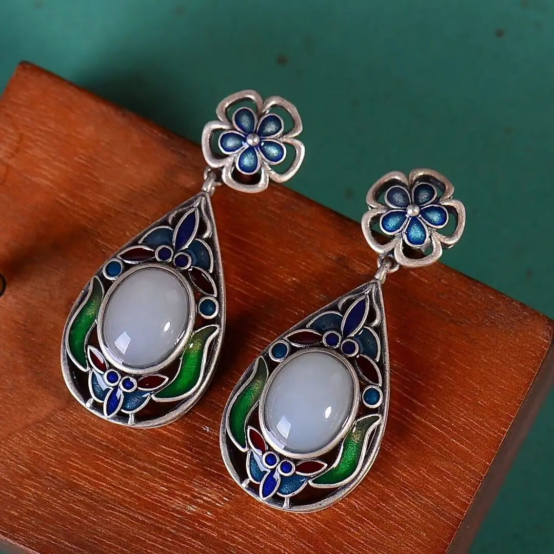 Antique 925 slive Cloisonné inlay and white He tian jade earrings