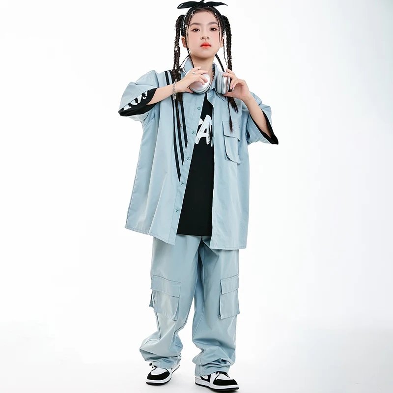 

2025 Hip Hop Dance Costumes Kids Blue Suit Cargo Pants Girls Boys Team Street Dance Jazz Dance Performance Stage Wear DN20451