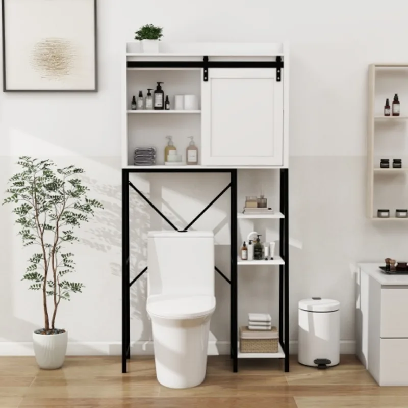 FENGSHUO Over The Toilet Storage Cabinet Bathroom Shelves Over Toilet With Sliding Barn Door,adjustable Shelves Side Storage