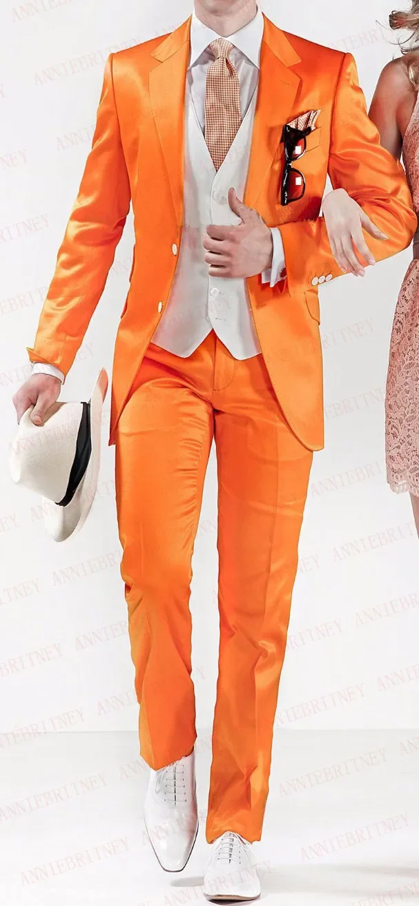 Orange Satin Men Suit Slim Fit 3 Piece Tuxedo Custom Formal Groom Party Prom Blazer Casual Wedding Suits For Men Costume Homme