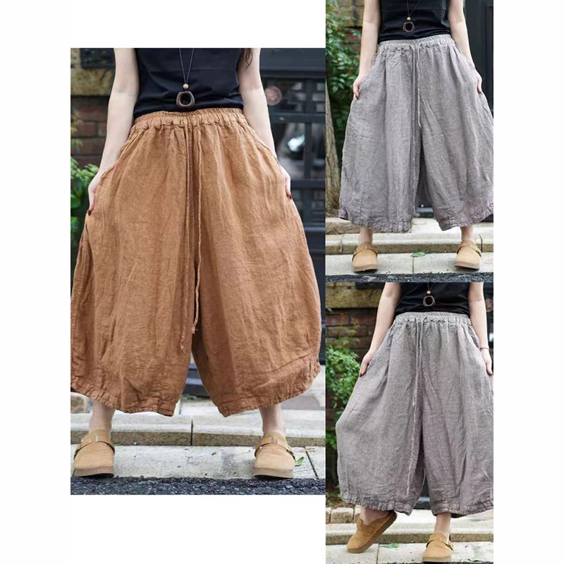 New Arrival Summer Arts Style Women Elastic Waist Loose Calf-length Pants High Quality Cotton Linen Vintage Wide Leg Pants TX139