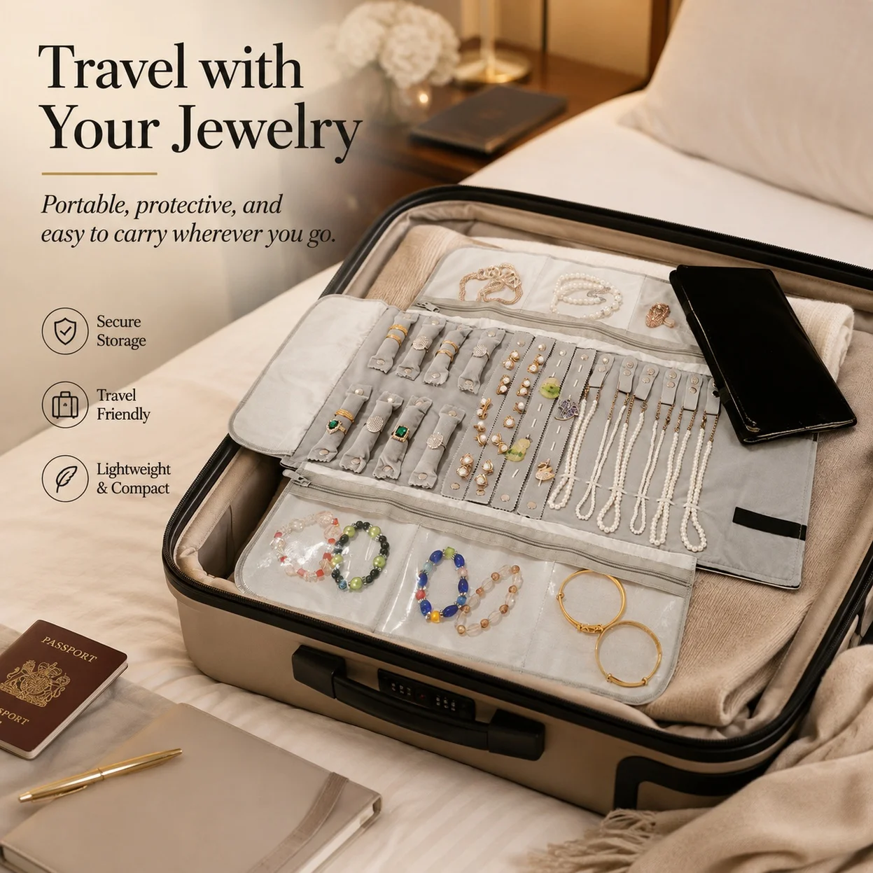 Velvet Travel Jewelry Case Roll Bag Organizer with PVC Pocket for Necklace Bracelet Earrings Ring Black Grey