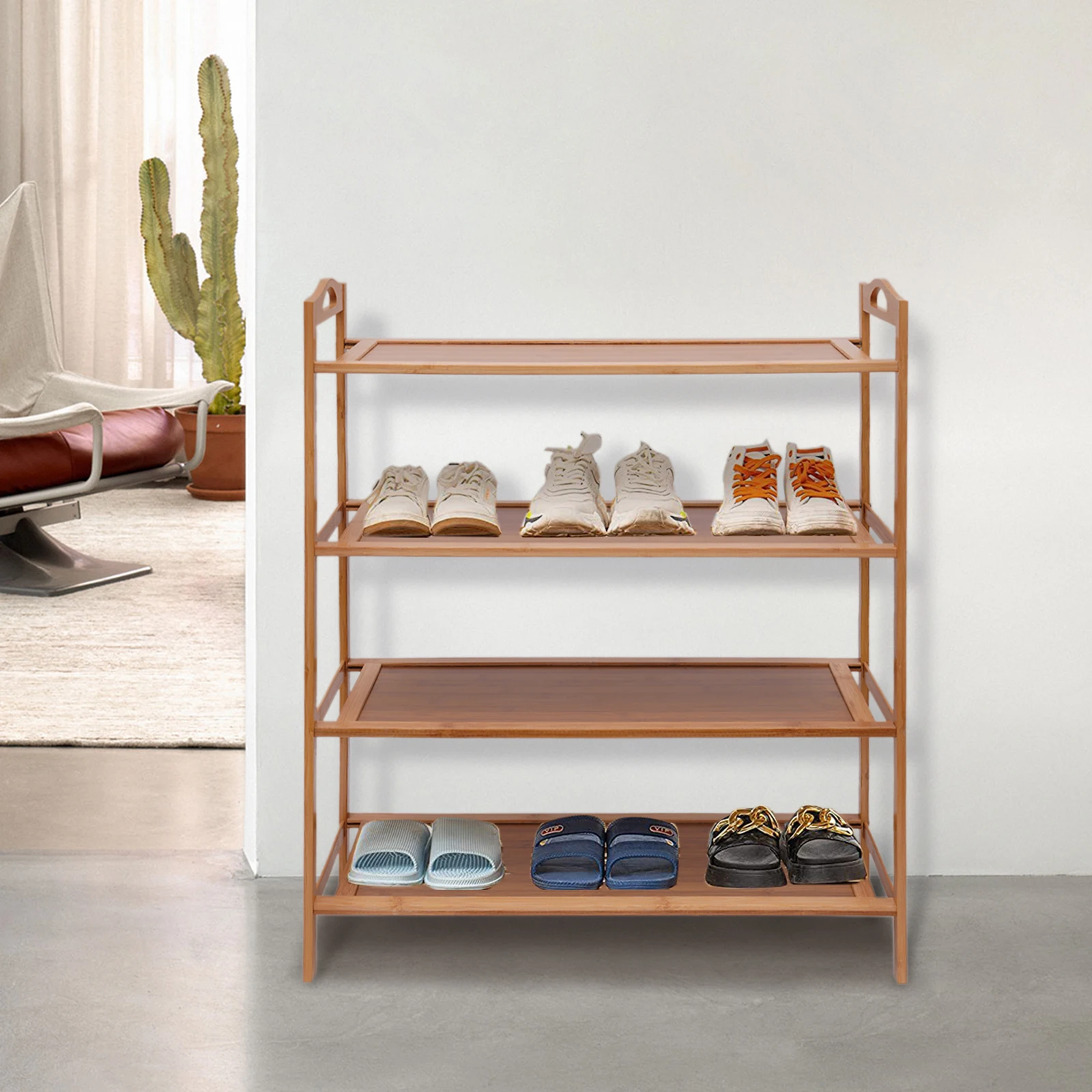 Shoe Rack 4-Layer Bamboo Open Shoe Storage Rack Bamboo Hollow Storage Rack for Entryway, Hallway and Closet