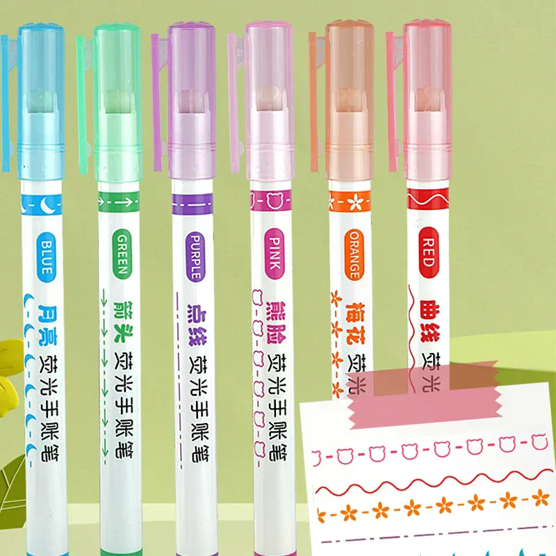 6pc Curve Highlighter Marker Pen Linear Pencil Lace Roller Tip Multiple Line Shapes Colorful Drawing Graffiti Art Tools