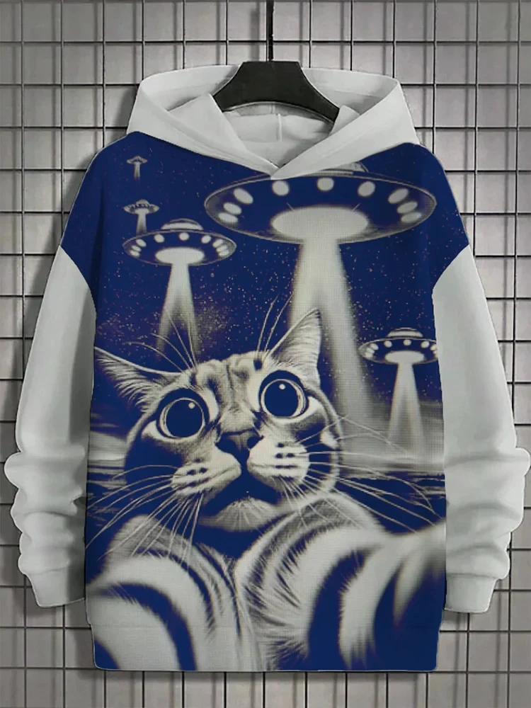 Fun Japanese Harajuku fashion men\'s hoodie casual y2k hoodie men\'s autumn and winter kitten planet pattern sports hoodie