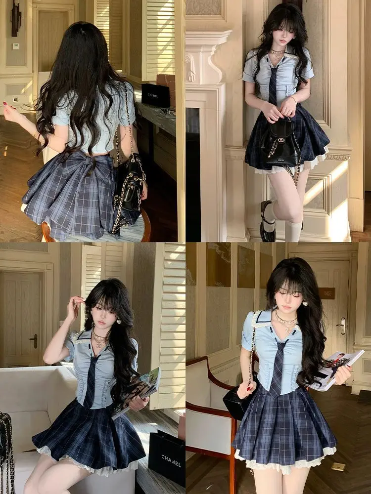 Summer New Preppy Y2K 2 Piece Set Women Slim Fit Lace Trim Tie Detail Plaid Shirt High Waist Pleated Skirt Daily Casual Outfit view 2