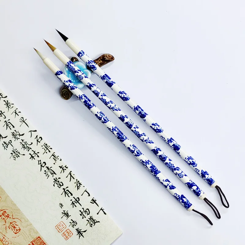 Imagem -03 - Estilo Chinês Caligráfico Escovas Azul e Branco Porcelana Caneta Titular Weasel lã Cabelo Escrita Escova Xiaokai Kaishu Escova Pcs