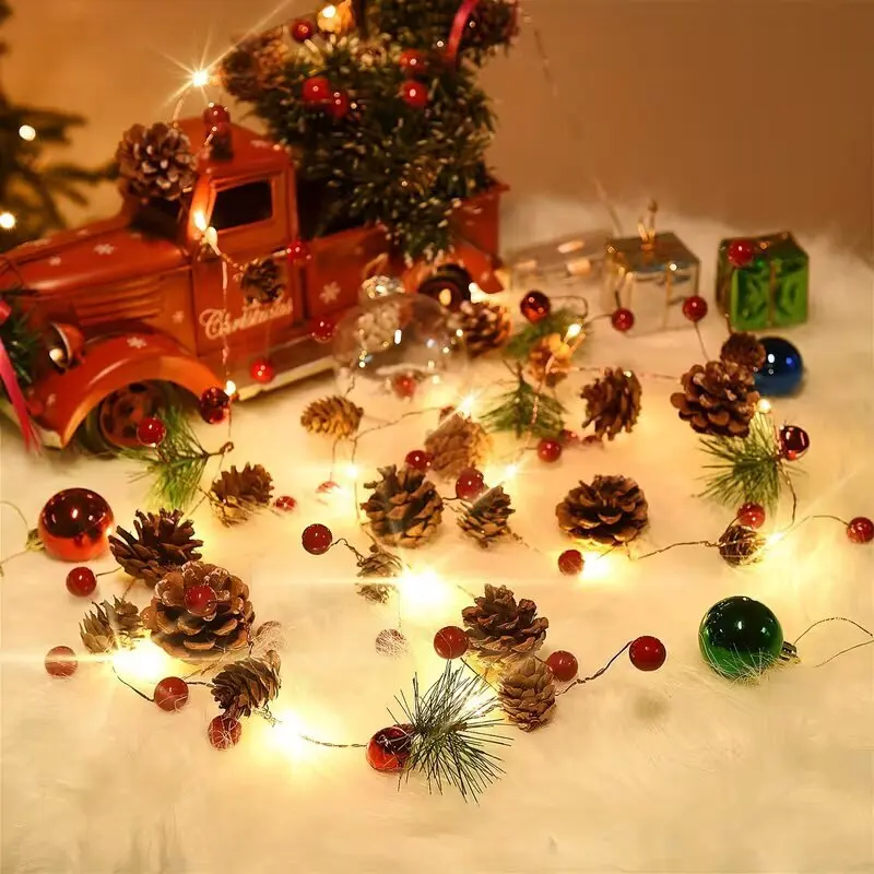 LED Christmas String Lights Battery Powered Fairy Lamps with Pinecone Red Berry Bell for Wall Xmas Tree Wedding Holiday Decor