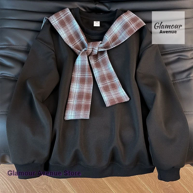 American plaid stitching shawl round neck sweater women's spring and autumn new loose fashion design sense niche casual coat
