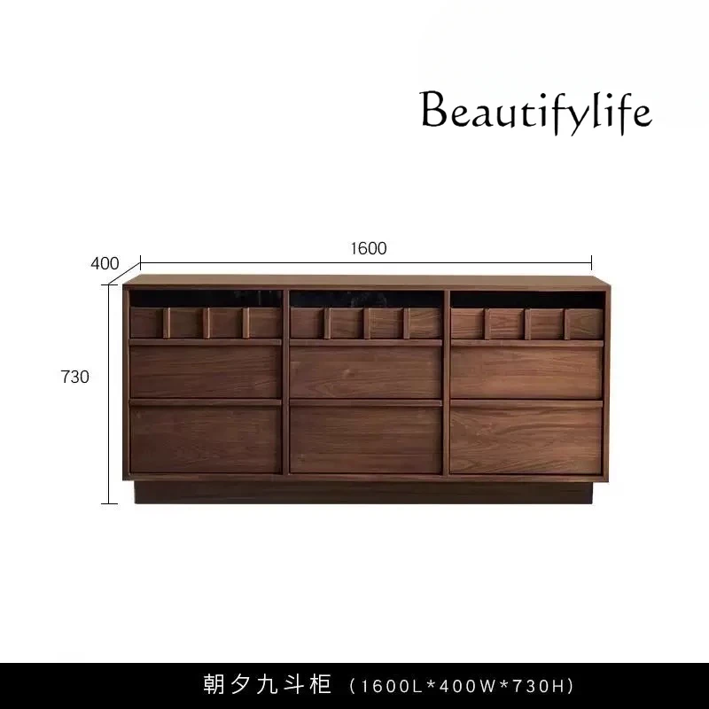 Nordic black walnut solid wood nine chest cabinet living room retro bone line storage drawer cabinet