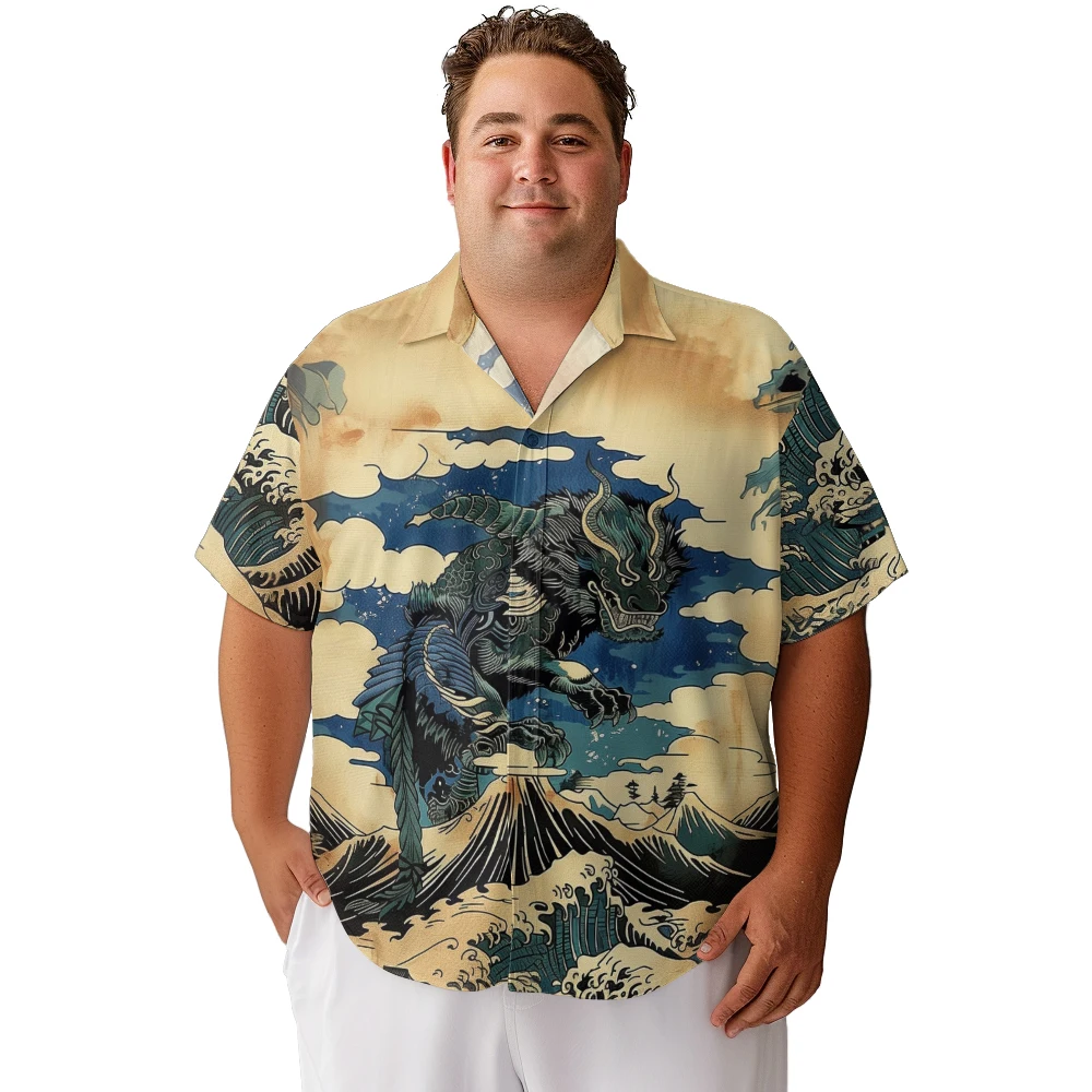 2024 new Hawaii Men\'s shirts plus size The Chinese green dragon removes bad luck printed clothing casual short-sleeved