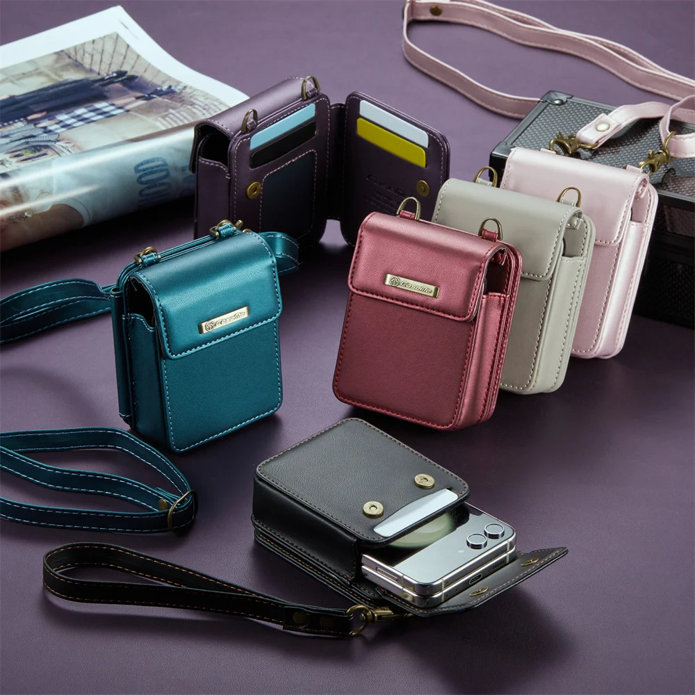 حافظة محفظة جلدية كروس لهاتف سامسونج جالاكسي Z Flip 7 FE 6 5 4 3 مع حامل بطاقة حجب RFID حقيبة صغيرة عالمية مغناطيسية