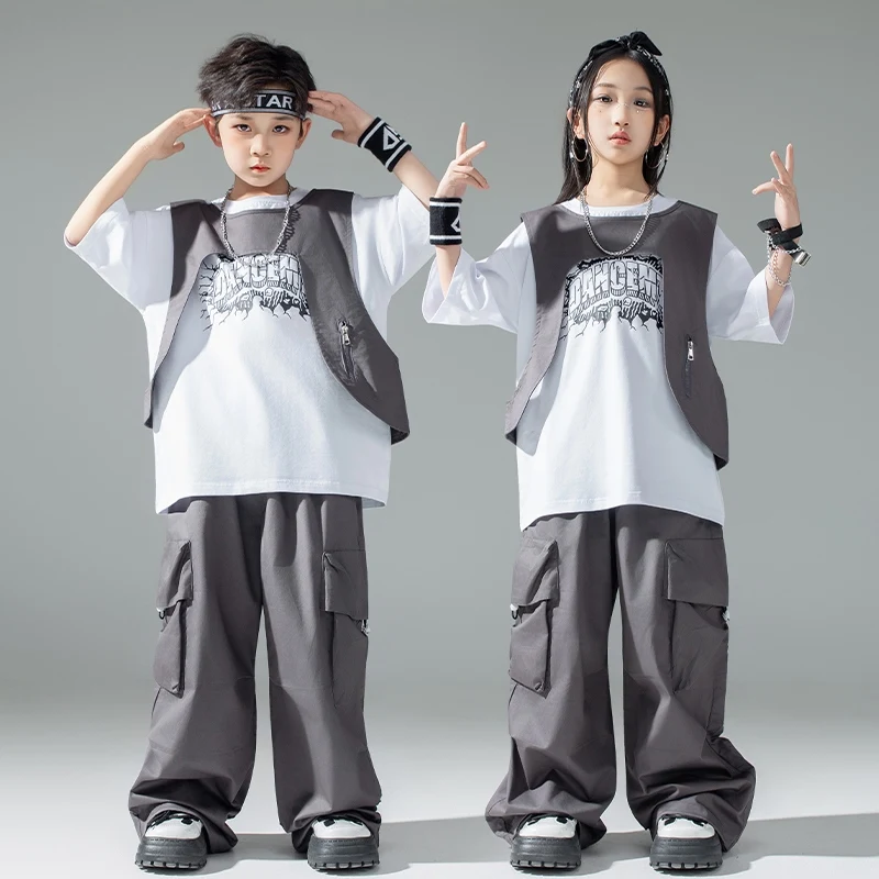 子供ヒップホップダンス衣装男の子ドラムショー服女の子半袖グレーベストカーゴパンツジャズパフォーマンススーツ BL16003