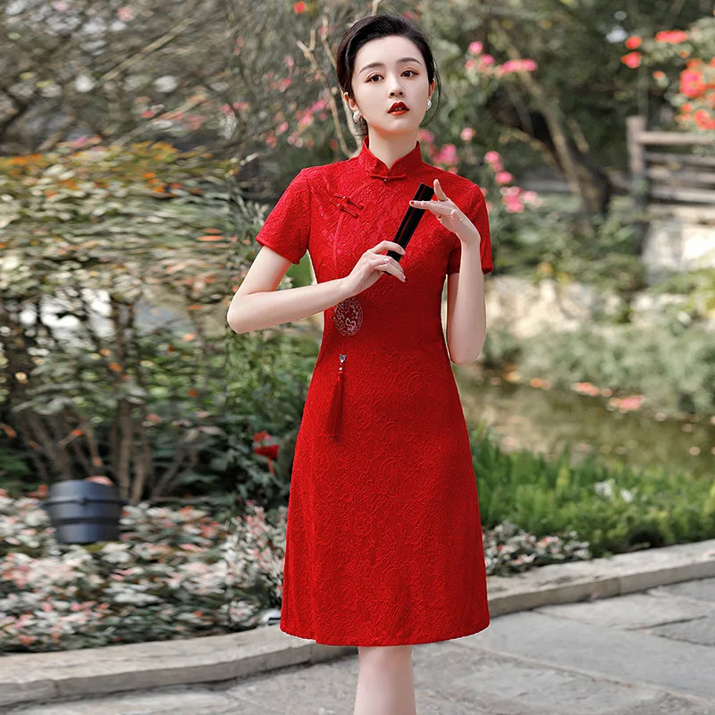 

Elegant Retro Women Wedding Party Dress Lady Short Sleeve Embroidery Qipao Female Chinese Traditional Catwalk Cheongsam