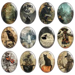 10pcs/lot Halloween Horror Retro Skull Witch Raven Scarecrow Oval Photo Glass Cabochon Flatback Demo Cameo Diy Jewelry Making