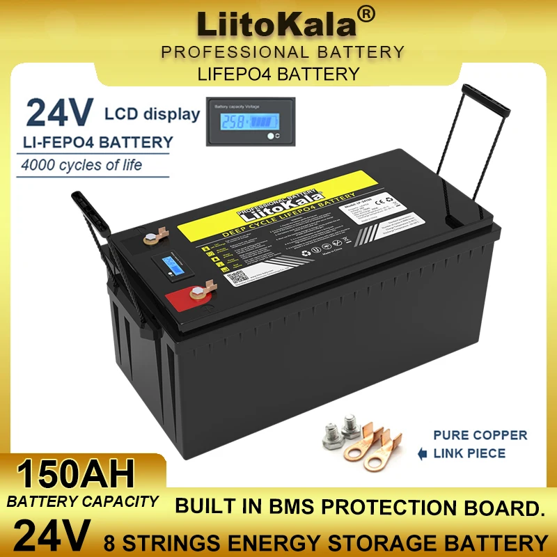 LiitoKala 24V 150Ah 8 Strings LiFePO4 Battery 29.2v Lithium Iron Phosphate for Solar Energy Camping Off-Road Golf cart Duty-free