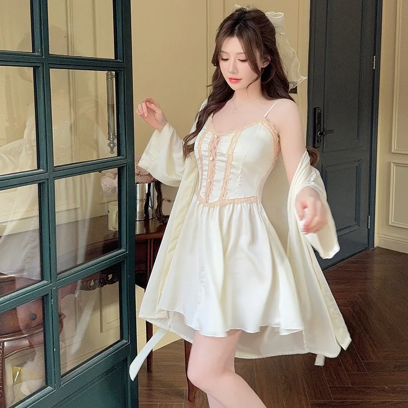 

Twinset Bride Bathrobe Gown Set Spring Summer Female Robe Set Lace Nightgown Loungewear Women Kimono Rayon Satin Home Dress