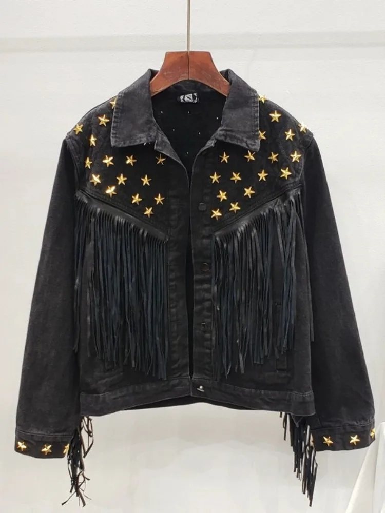 

Denim Women Jacket 2023 Autumn New Spring Vintage Star Rivet Suede Fringe Loose Coat Long Sleeve Outerwear Female Boho Jacket