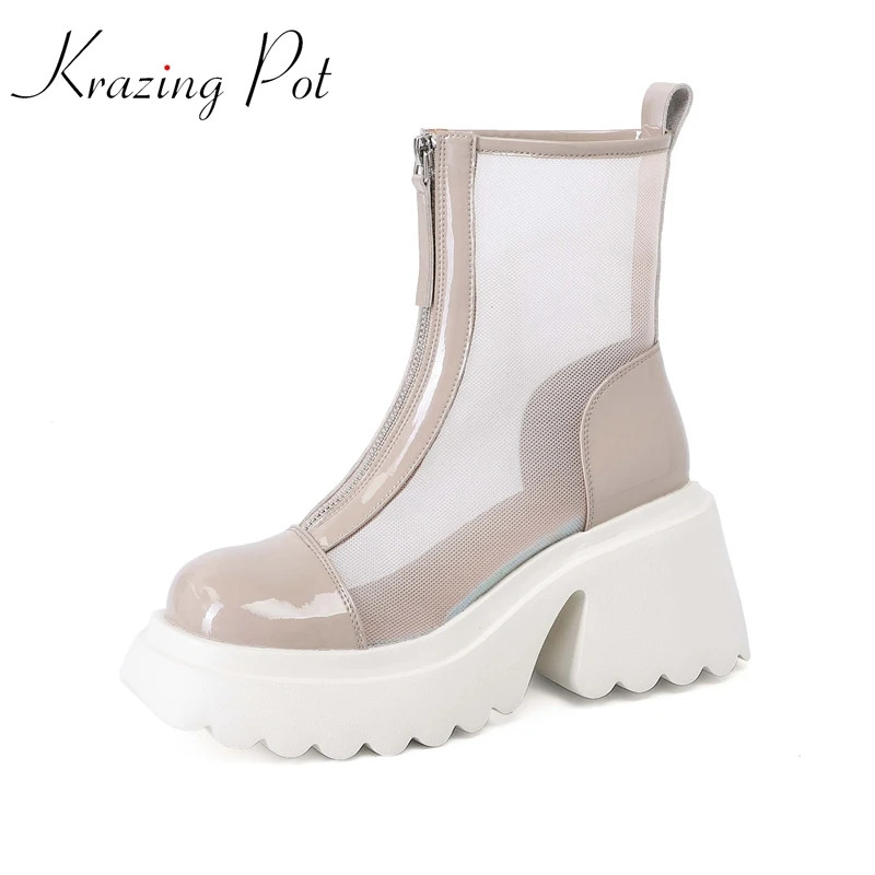 Krazing Pot Cow Leather Air Mesh Sun Protection Summer Boots Front Zipper Round Toe Thick High Heels Flat Platform Ankle Boots