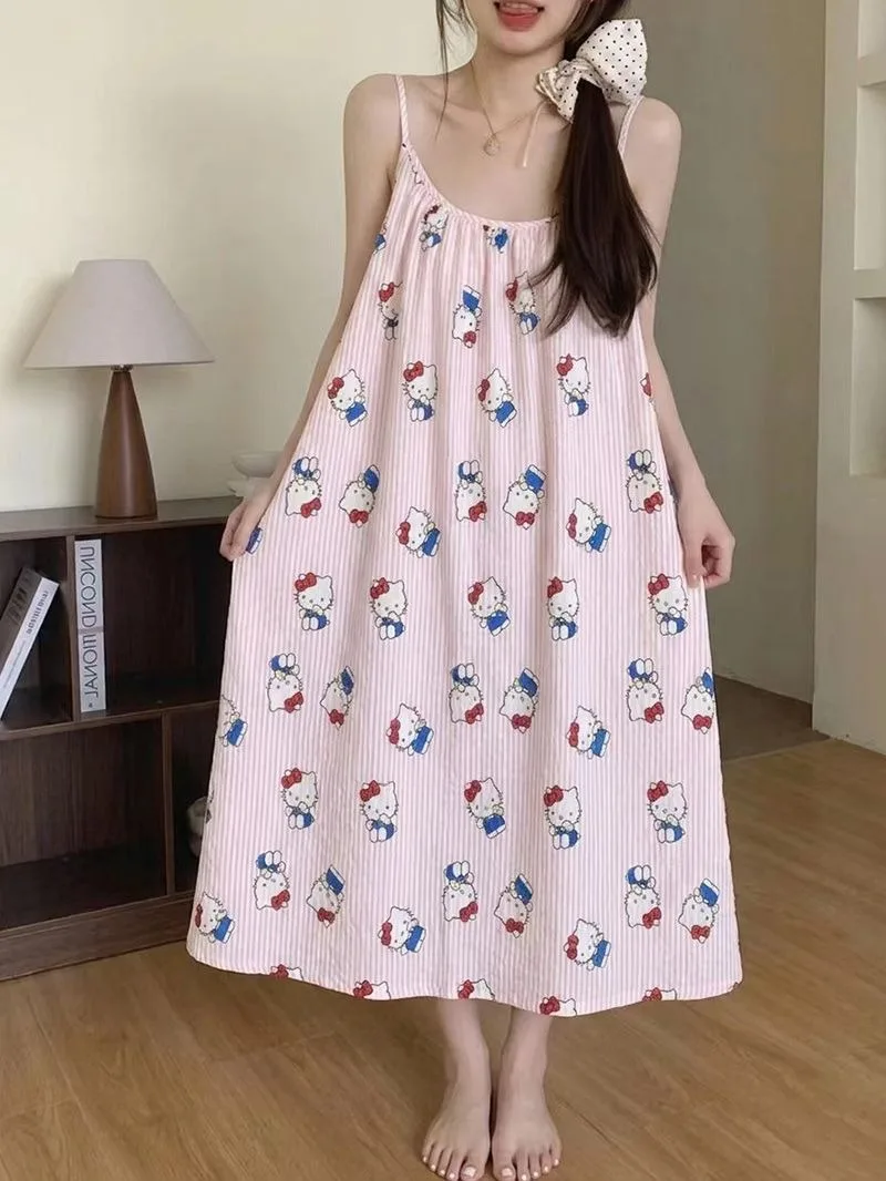 Camisón con tirantes y almohadillas en el pecho para mujer, estilo francés de verano con estampado de Hello Kitty, largo y holgado, se puede usar como pijama o vestido.