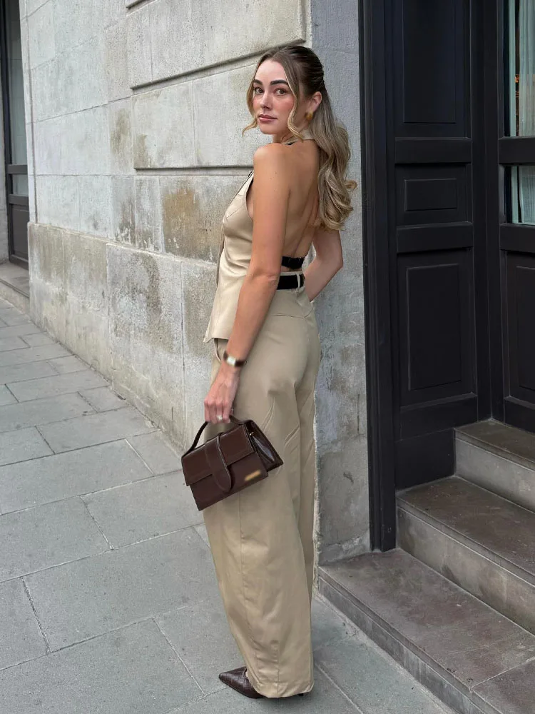 HH 가을 여성 솔리드 팬츠 슈트 민소매 백리스 홀터넥 탑+루즈 벨트 스트레이트 하이웨이스트 지퍼 바지