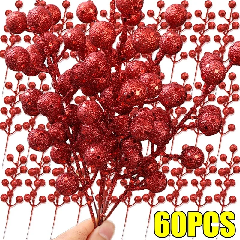 60/1PCS Glitter Red Berries Branches Artificial Shiny Holly Berry Stems  for Wreath Garland DIY Ornaments Party Home Decoration