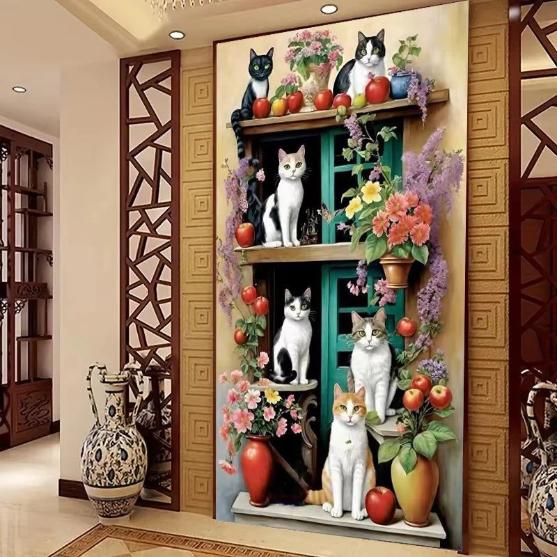 

Большое окно, четыре кошки, фрукты, цветы, сделай сам, алмазная живопись, стразы, полная Алмазная мозаика, вышивка, домашний декор